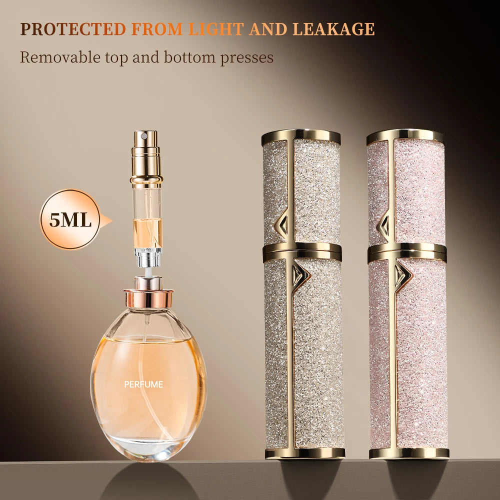 Portable 5ML leather perfume atomizer by amzzonstore, refillable travel spray bottle with compact leather case and sprayer nozzle.