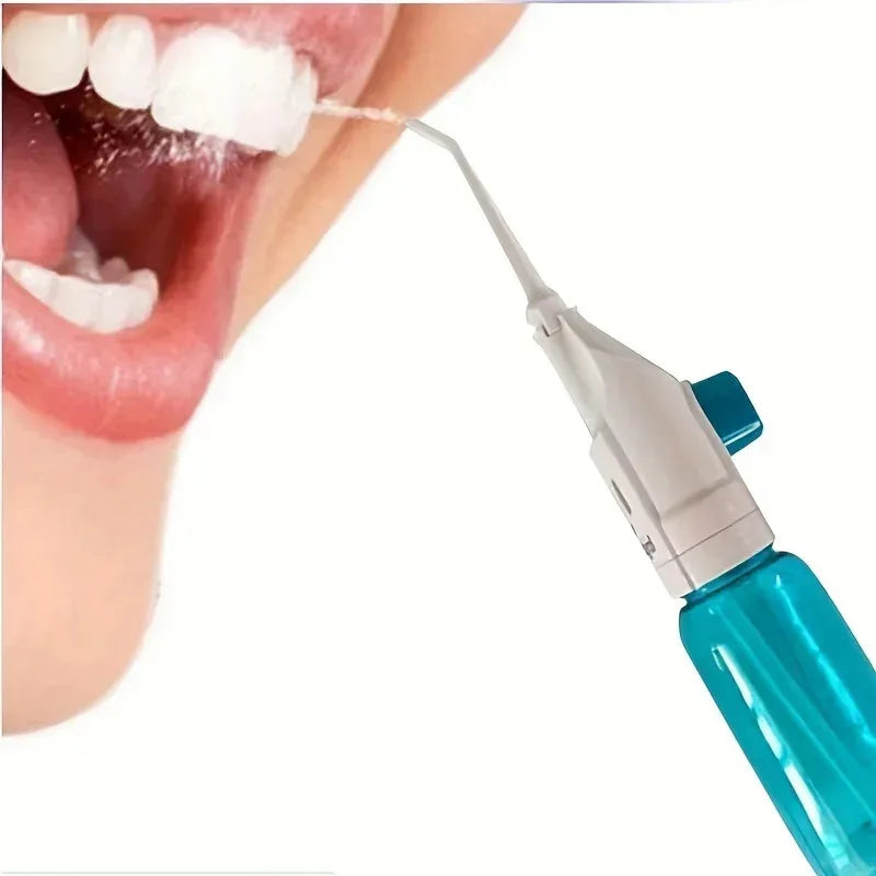Portable manual water flosser from amzzon.store, high-pressure oral irrigator with toothpick-style interdental cleaner.