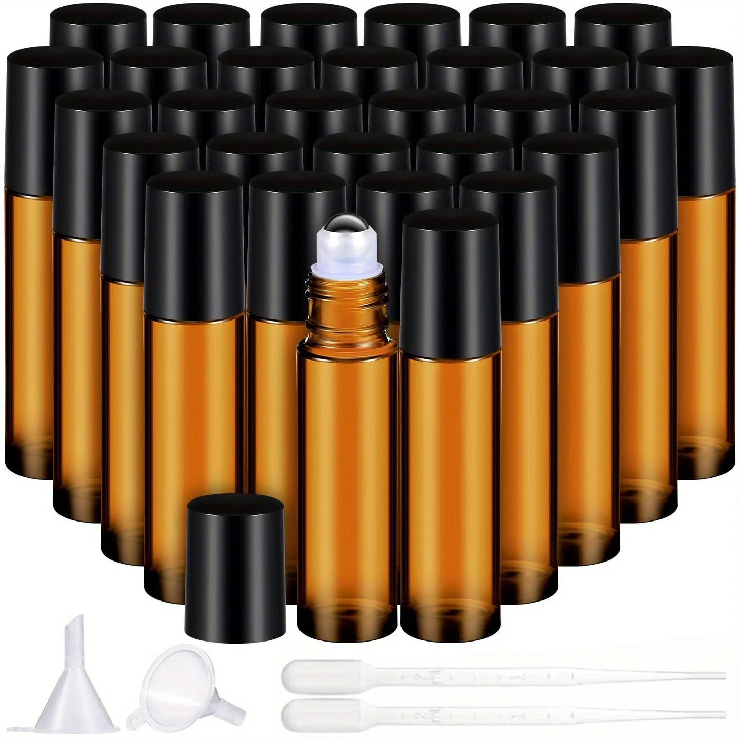 Empty glass roll-on bottles 10ml with stainless steel roller ball for essential oils.