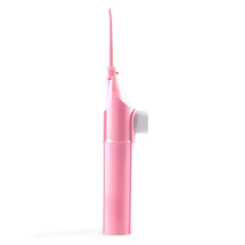 Portable manual water flosser by amzzon.store showing high-pressure oral irrigator with toothpick-style interdental cleaner in a sleek design.