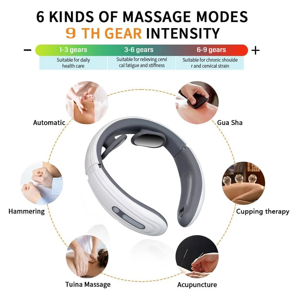 Amzzonstore EMS electric neck massager with 6 modes and 9 speeds for muscle relaxation and cervical pain relief.