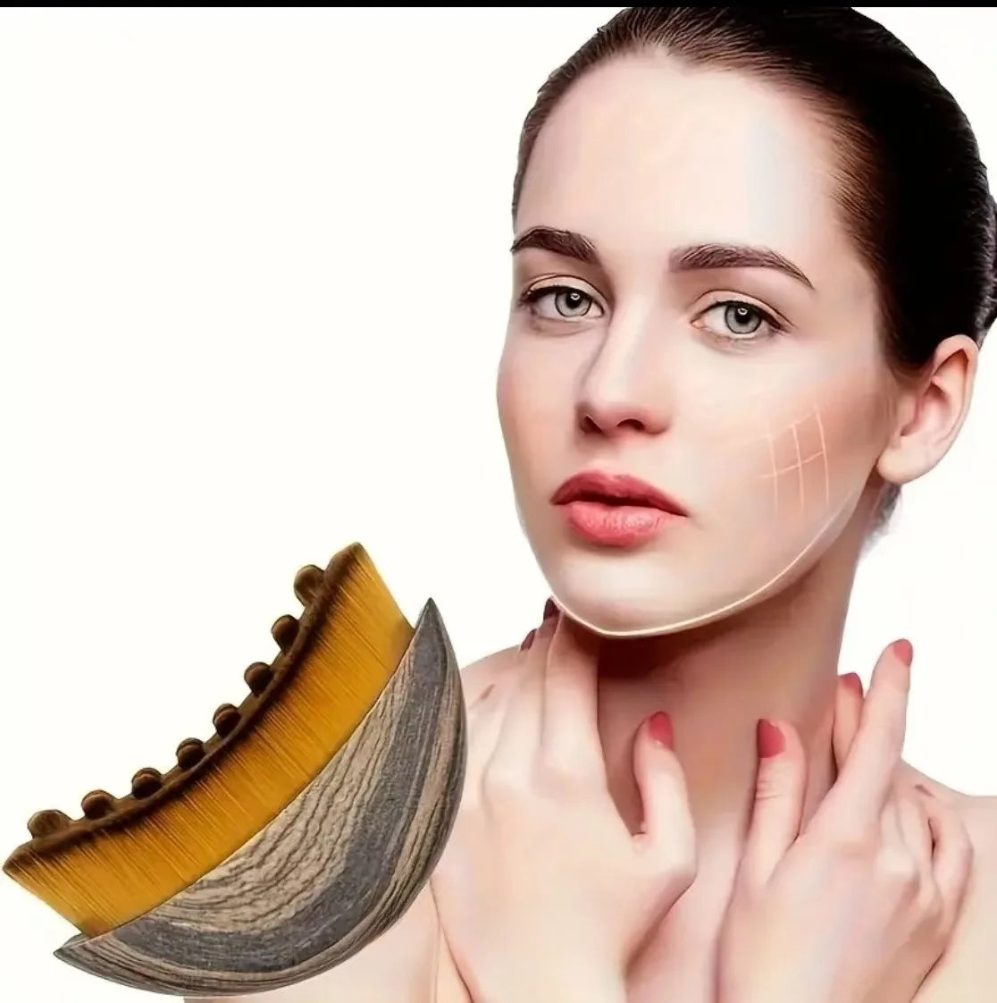 Wooden facial lymphatic drainage brush for contouring and anti-puffiness massage, designed for skin care and facial cleansing.