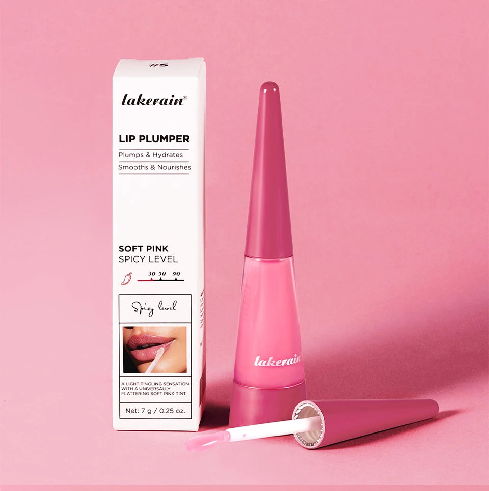 Amzzonstore Lakerain Lip Plumper Gloss Oil showing glossy, volumizing lip moisturizer with a sleek applicator on a white background.