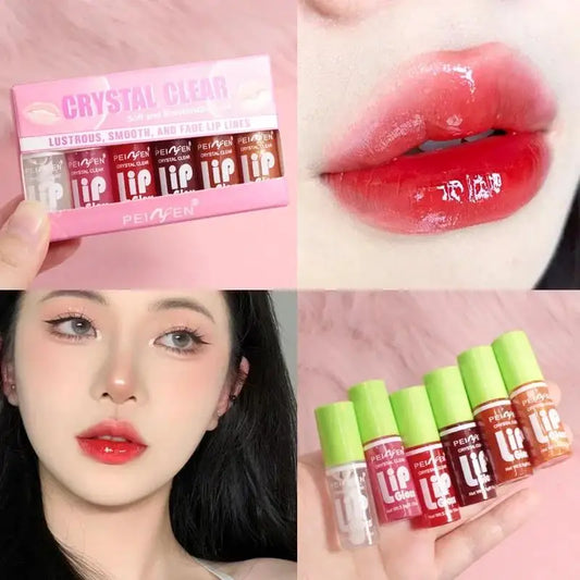 6-piece glass mirror lip gloss set with hydrating shimmer lip glaze and plumping lip oil from amzzon.store.