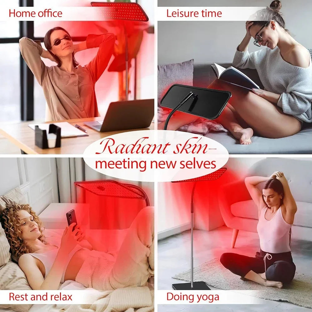 Near infrared light panel by amzzonstore with adjustable stand, used for face and body pain relief at home.