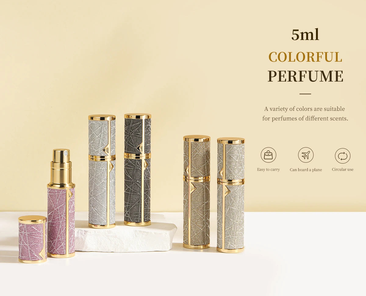 Small portable leather perfume bottle with spray nozzle, refillable travel atomizer for perfumes, compact and stylish design.