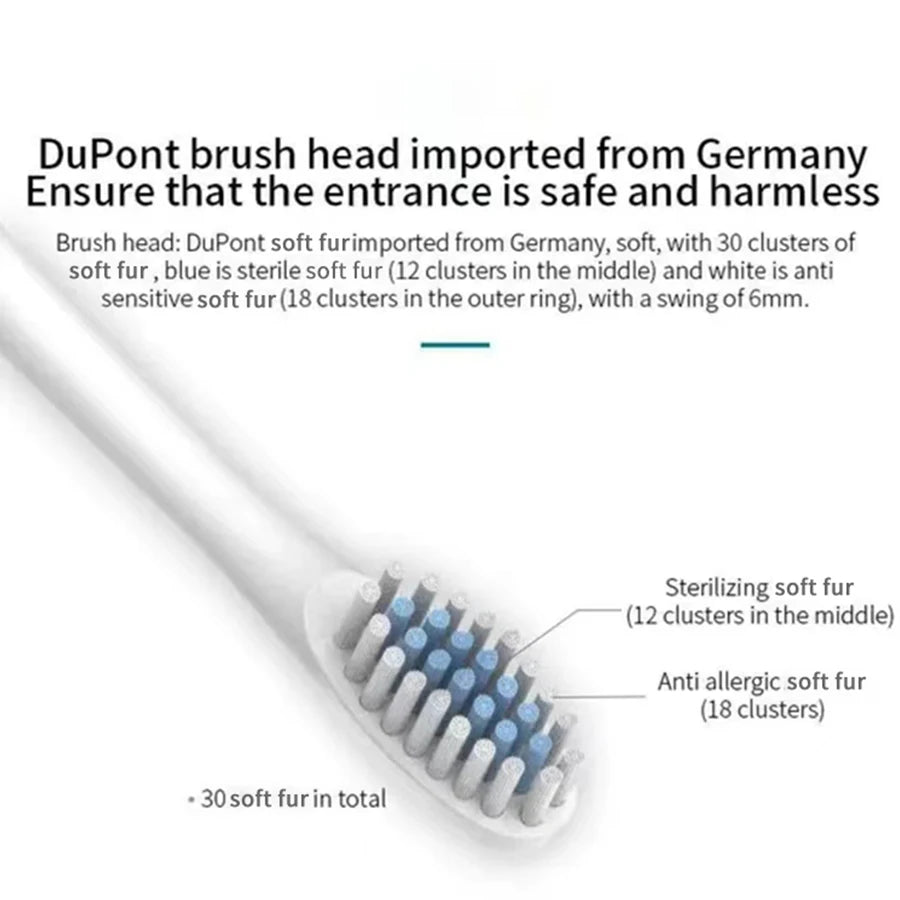 Sonic electric toothbrush for adults with DuPont brush head, waterproof design, USB rechargeable, and six cleaning modes.