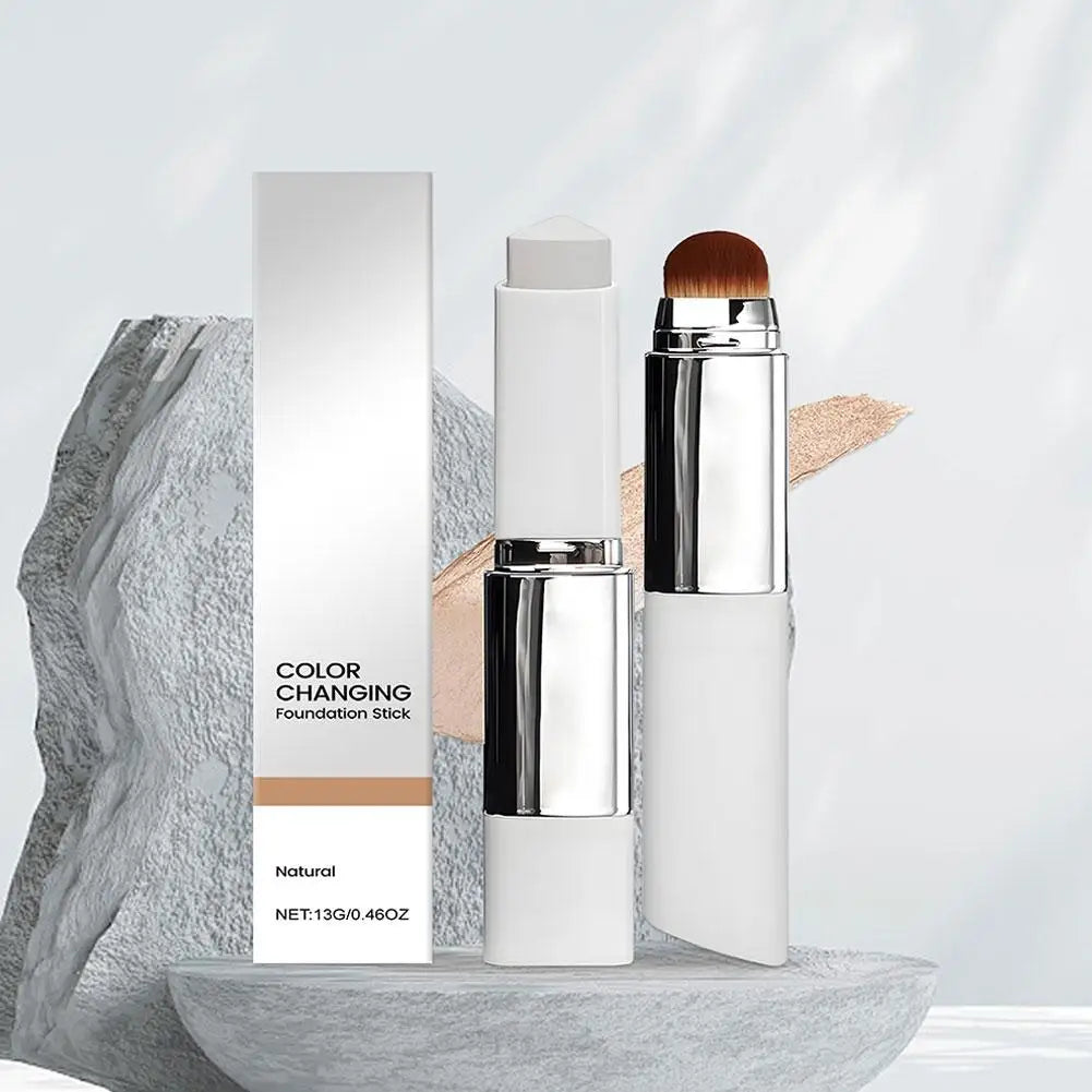 Color-changing 2-in-1 foundation stick from amzzonstore showing smooth liquid texture and lightweight, moisturizing formula for all skin types.