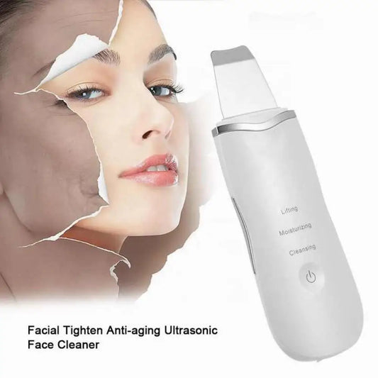Ultrasonic skin scrubber device for facial cleansing, featuring a sleek design and metal spatula tip for deep pore cleaning.