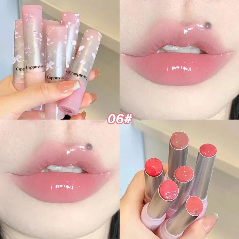 Amzzonstore water light round tube lip gloss with natural nude peach tint and moisturizing, jelly lipstick for glossy, hydrated lips.