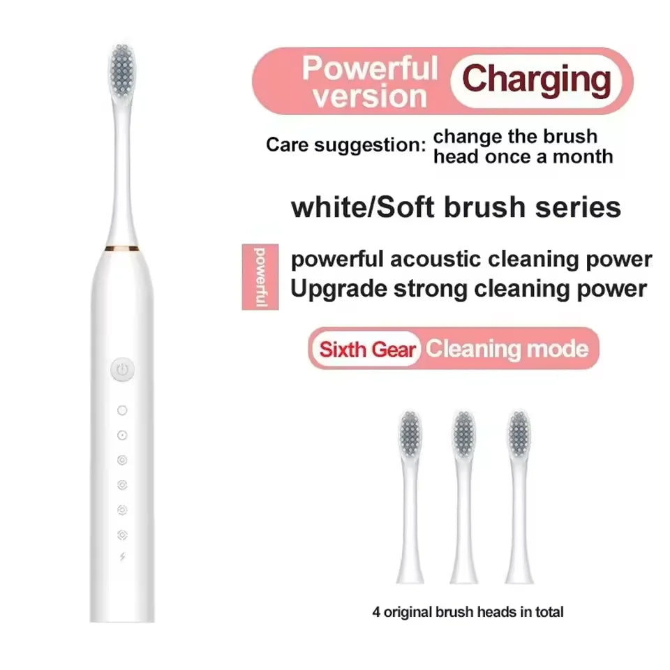 Sonic electric toothbrush for adults with DuPont brush head, waterproof design, USB rechargeable, and six cleaning modes.