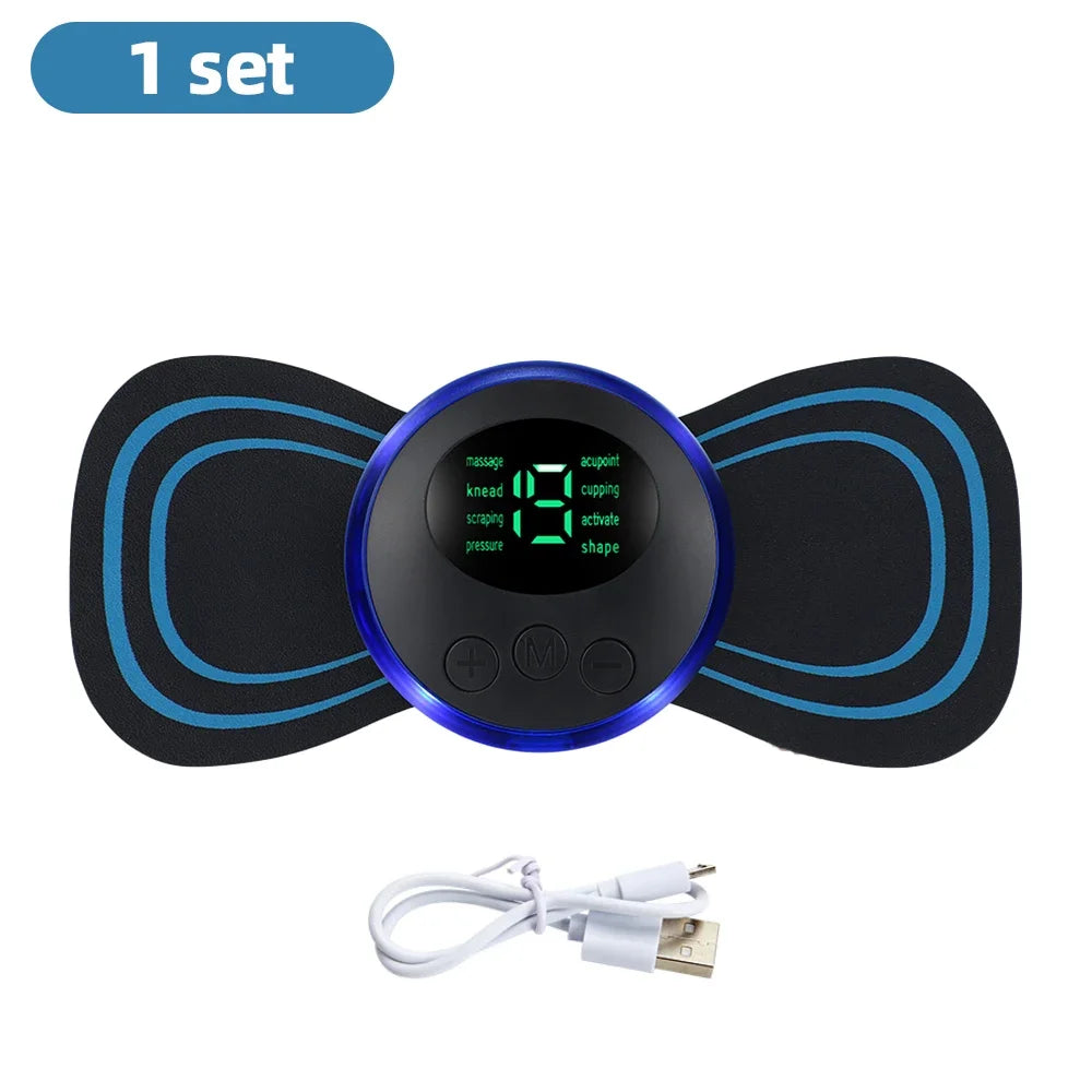 Smart EMS neck massager by amzzon.store with 8 modes and 19 intensity levels for muscle pain relief in neck, back, and calves.