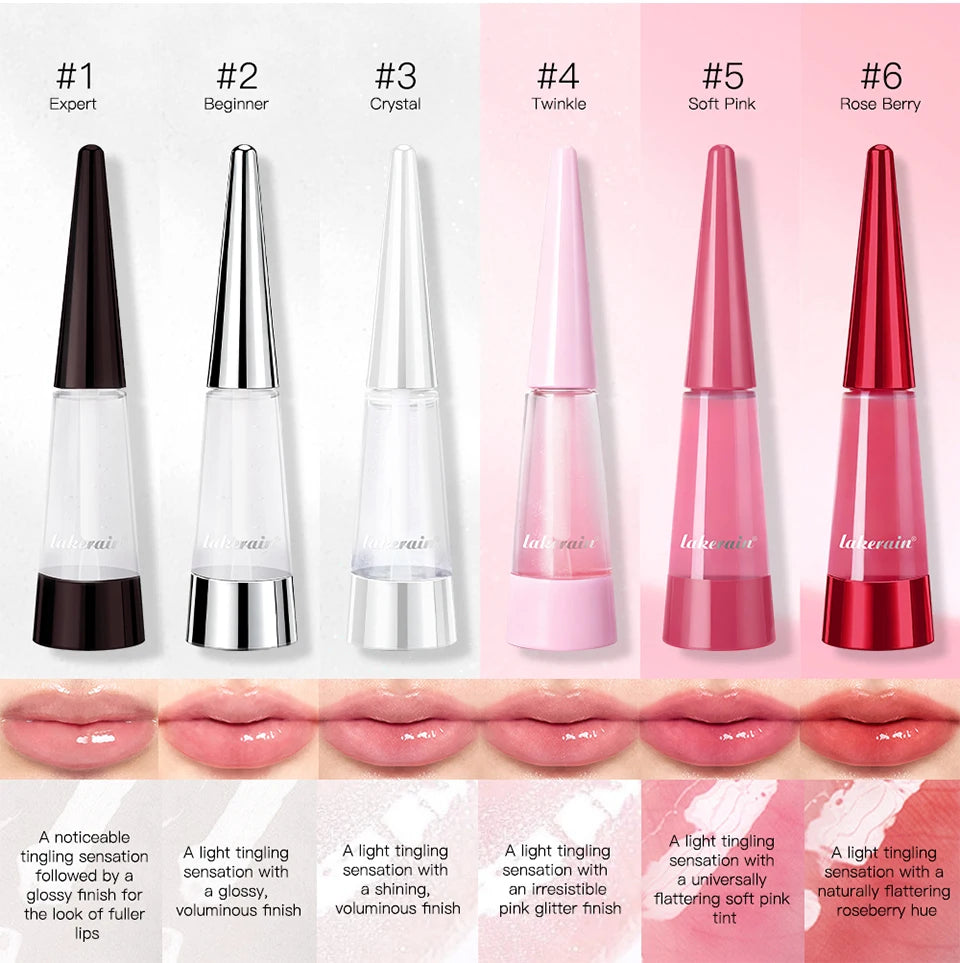 Amzzonstore Lakerain Lip Plumper Gloss Oil showing glossy, volumizing lip moisturizer with a shiny finish and hydrating texture.