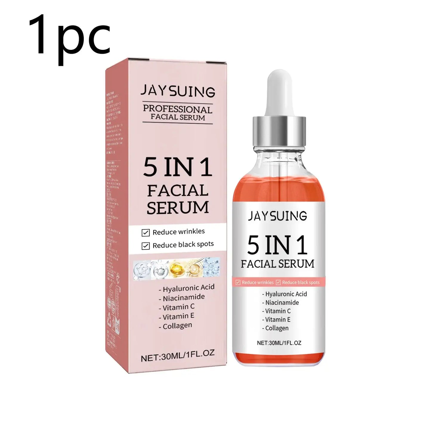 Jaysuing 5-in-1 face serum bottle showing anti-aging, firming, and hydrating benefits for wrinkles and dark spots.