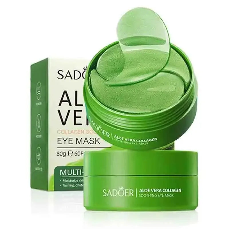 A box of REAROYA Aloe Vera Collagen Eye Masks by amzzon.store, showing individual eye patches designed to reduce dark circles and puffiness.
