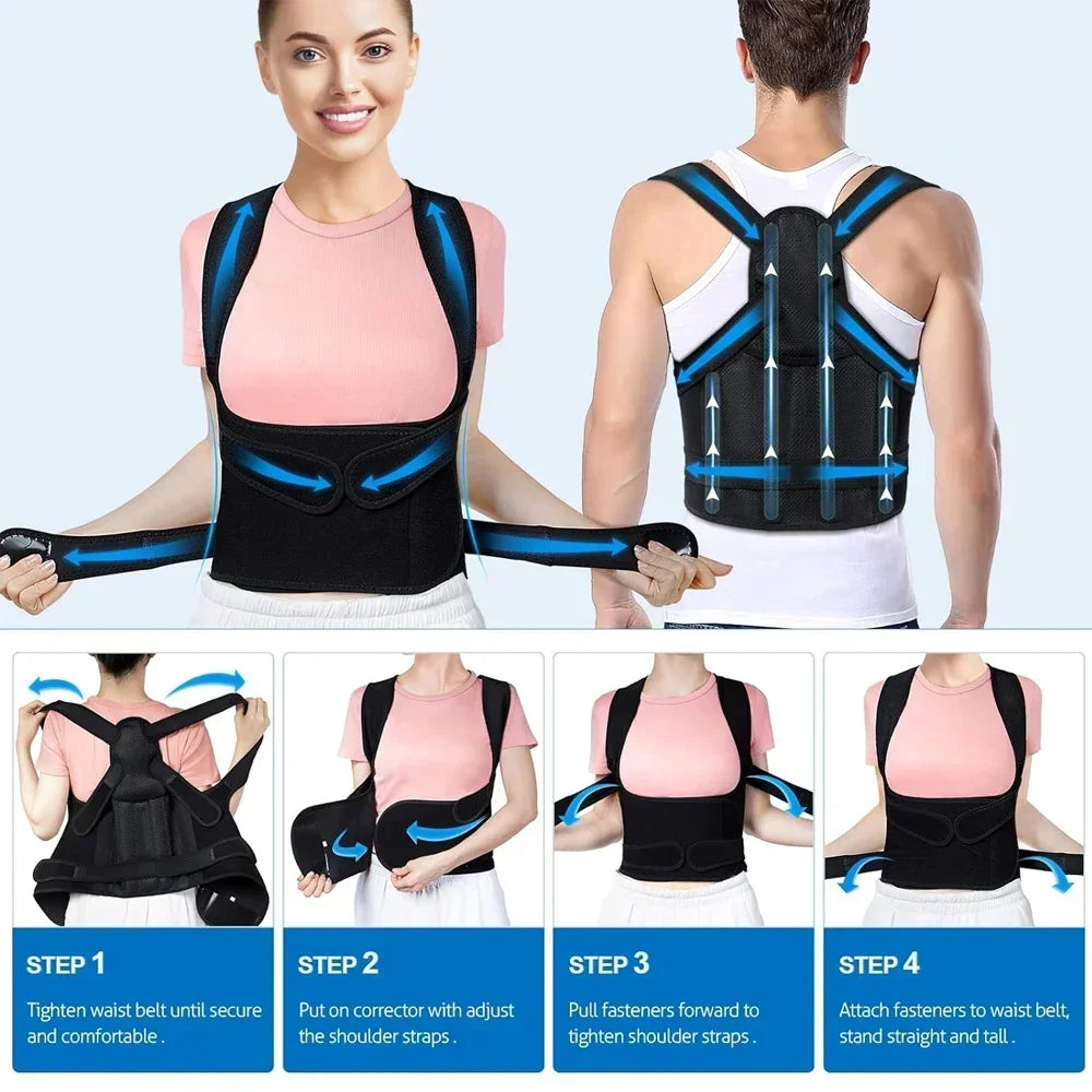 Adjustable posture corrector back brace with orthopedic straps for men and women, providing spinal support and upper back relief.