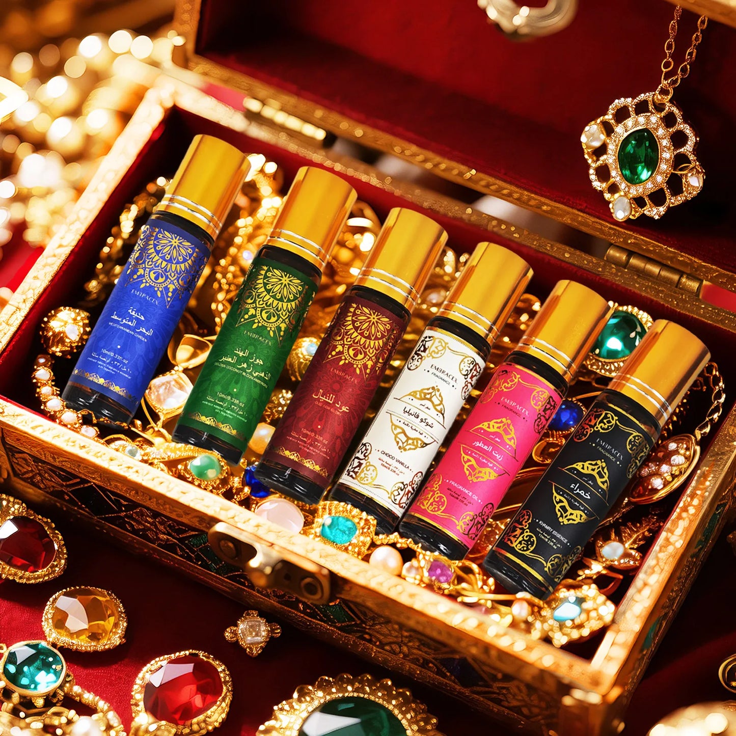 EMBRACEX long lasting 10ml roller essential oils gift box pack for aromatherapy and skincare.