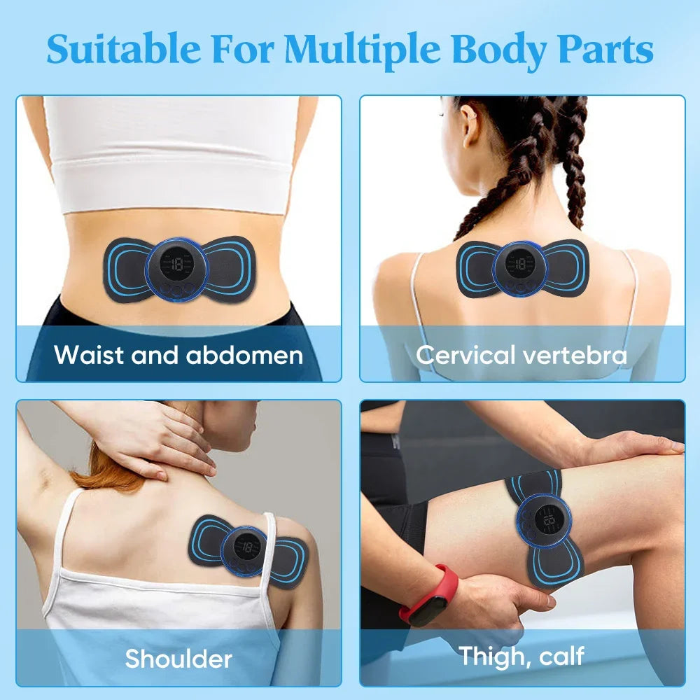 amzzon.store Smart EMS neck massager with 8 modes and 19 intensity levels for back, neck, and calf muscle pain relief.