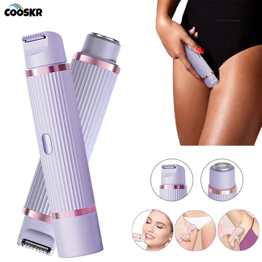 Pink and purple waterproof women's electric razor with bikini trimmer, face shaver, and body hair removal for underarms and legs.